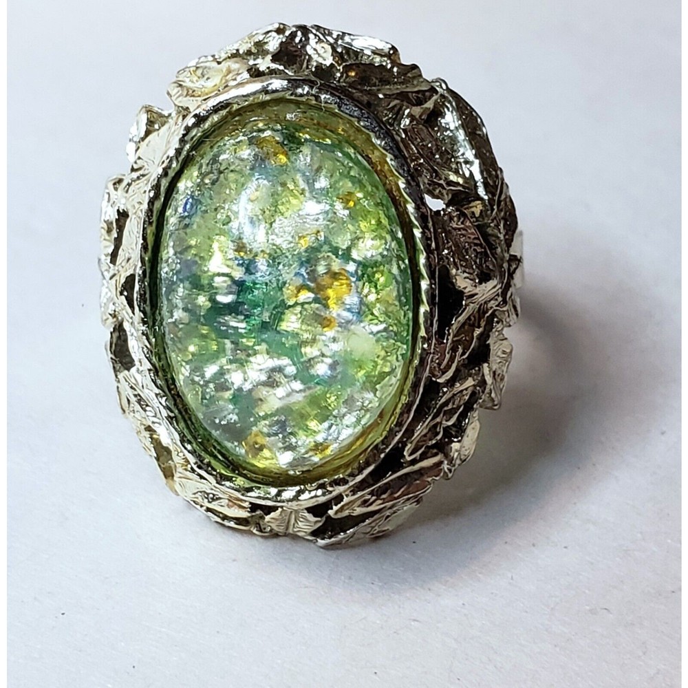 Vintage Green Dragons Breath Glass Stone Ring 1960 Faux Opal Goldtone Adjustable